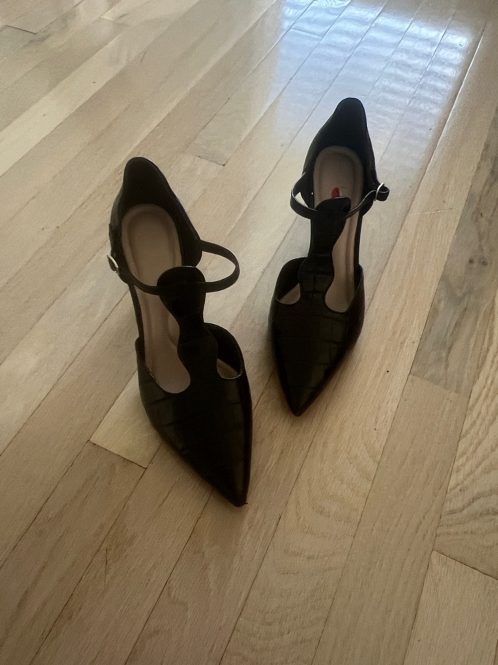 Preston & York Black Pointed T-Strap Croc-Embossed Heels